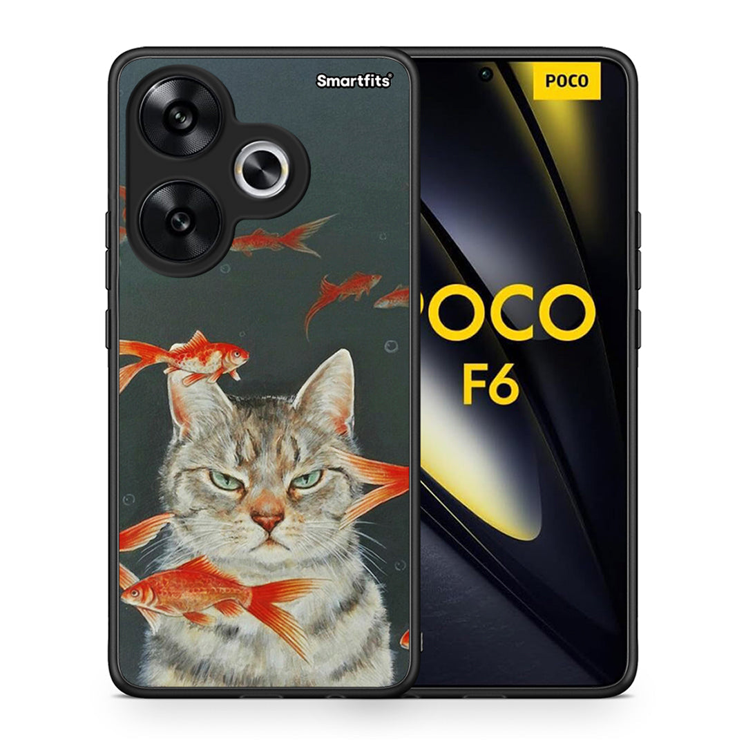 Θήκη Xiaomi Poco F6 Cat Goldfish από τη Smartfits με σχέδιο στο πίσω μέρος και μαύρο περίβλημα | Xiaomi Poco F6 Cat Goldfish case with colorful back and black bezels