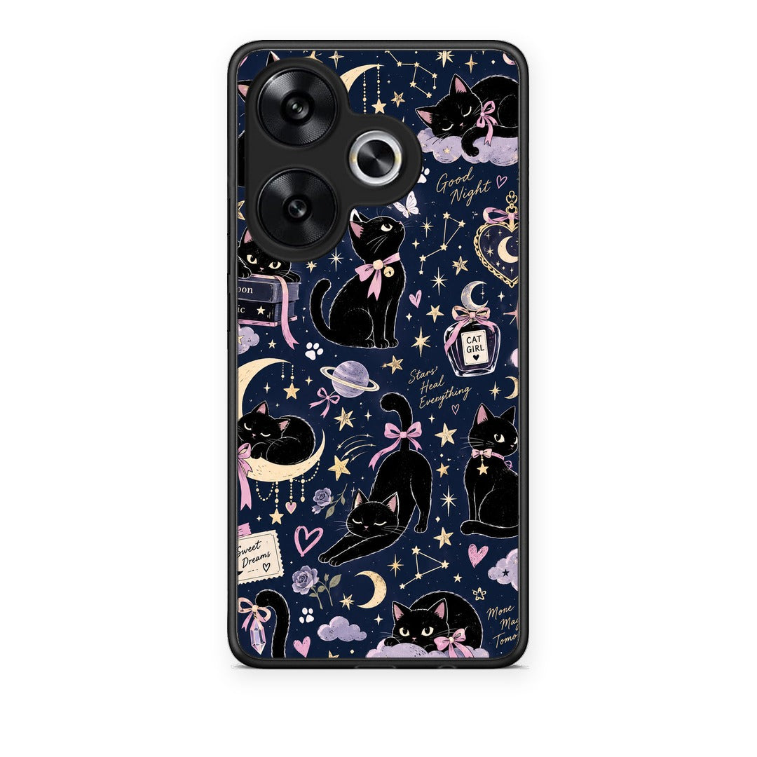Θήκη Xiaomi Poco F6 Celestial Black Cats on Navy από τη Smartfits με σχέδιο στο πίσω μέρος και μαύρο περίβλημα | Xiaomi Poco F6 Celestial Black Cats on Navy case with colorful back and black bezels