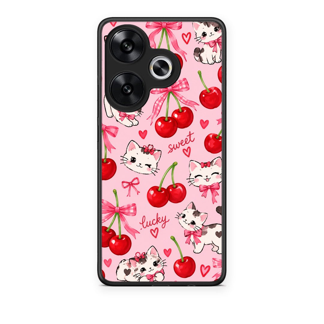Θήκη Xiaomi Poco F6 Cherries Bows and Kittens on Pink από τη Smartfits με σχέδιο στο πίσω μέρος και μαύρο περίβλημα | Xiaomi Poco F6 Cherries Bows and Kittens on Pink case with colorful back and black bezels