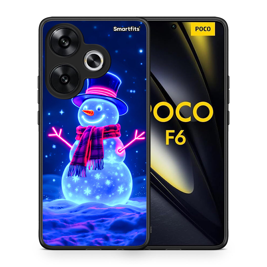 Θήκη Xiaomi Poco F6 Christmas Neon Snowman από τη Smartfits με σχέδιο στο πίσω μέρος και μαύρο περίβλημα | Xiaomi Poco F6 Christmas Neon Snowman case with colorful back and black bezels