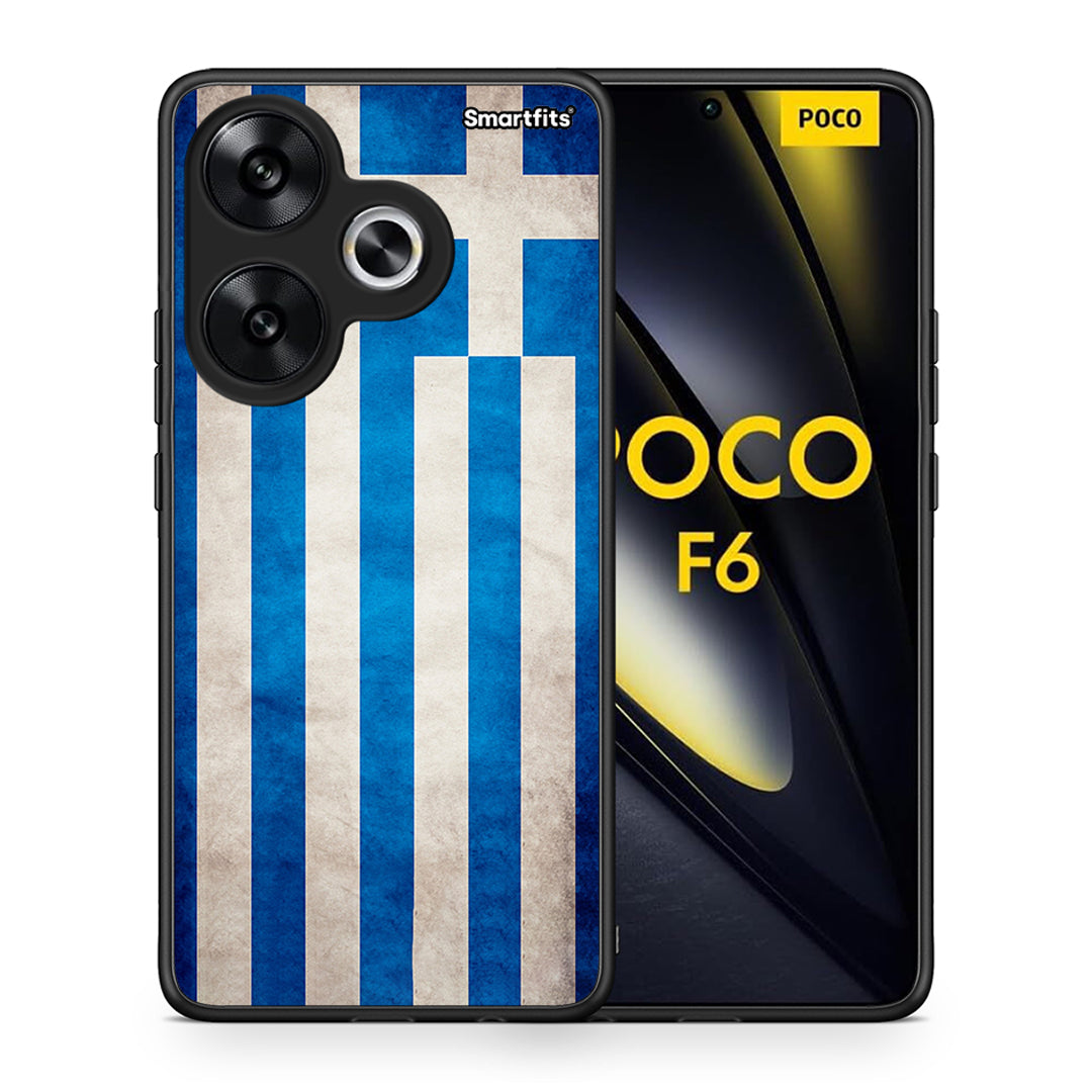 Θήκη Xiaomi Poco F6 Greek Flag από τη Smartfits με σχέδιο στο πίσω μέρος και μαύρο περίβλημα | Xiaomi Poco F6 Greek Flag case with colorful back and black bezels