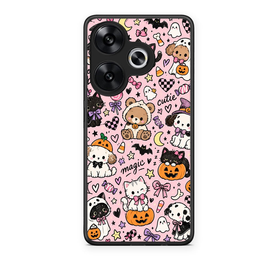 Θήκη Xiaomi Poco F6 Halloween Cute Animals on Pink από τη Smartfits με σχέδιο στο πίσω μέρος και μαύρο περίβλημα | Xiaomi Poco F6 Halloween Cute Animals on Pink case with colorful back and black bezels