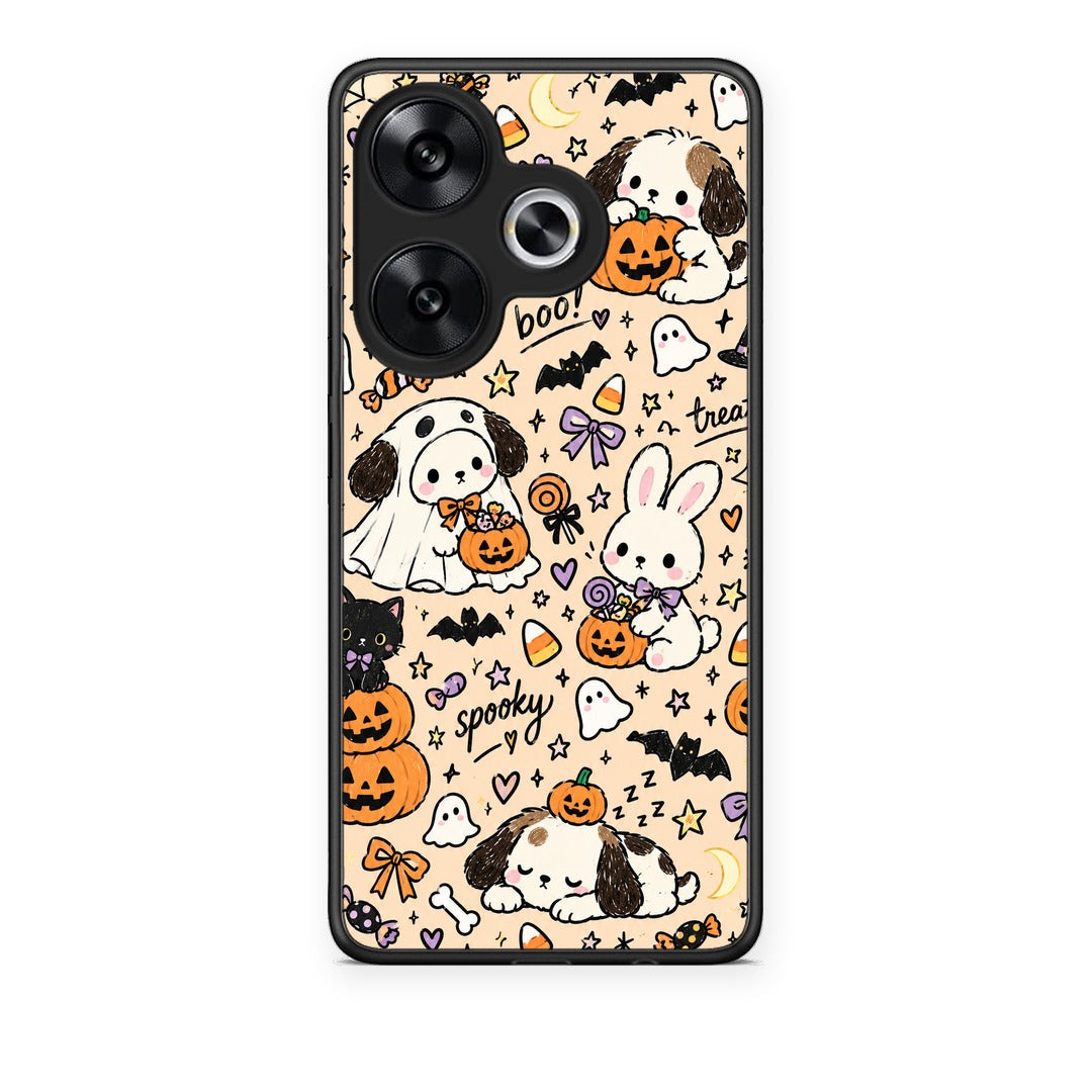 Θήκη Xiaomi Poco F6 Halloween Puppies and Friends on Cream από τη Smartfits με σχέδιο στο πίσω μέρος και μαύρο περίβλημα | Xiaomi Poco F6 Halloween Puppies and Friends on Cream case with colorful back and black bezels