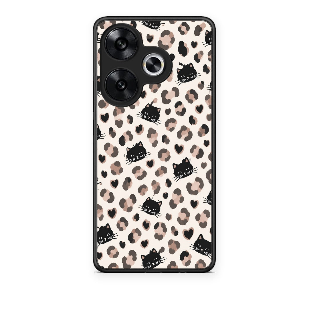 Θήκη Xiaomi Poco F6 Leopard Spots and Black Cats on Cream από τη Smartfits με σχέδιο στο πίσω μέρος και μαύρο περίβλημα | Xiaomi Poco F6 Leopard Spots and Black Cats on Cream case with colorful back and black bezels