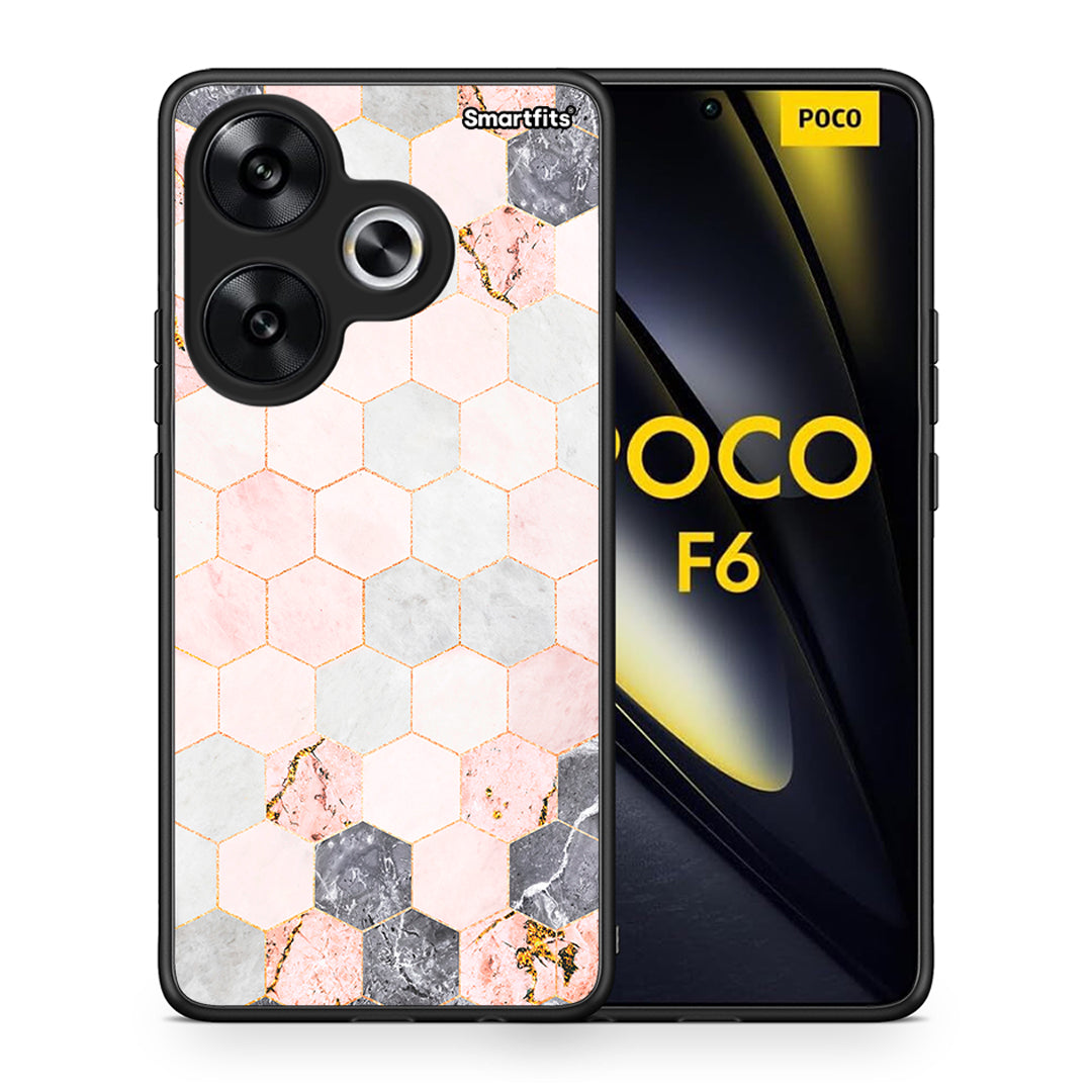 Θήκη Xiaomi Poco F6 Hexagon Pink Marble από τη Smartfits με σχέδιο στο πίσω μέρος και μαύρο περίβλημα | Xiaomi Poco F6 Hexagon Pink Marble case with colorful back and black bezels