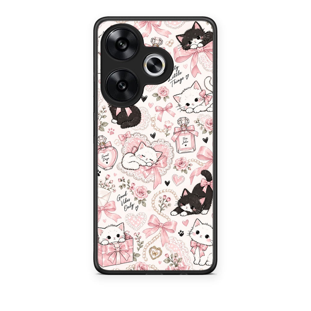 Θήκη Xiaomi Poco F6 Pink Bows and Kittens Collage από τη Smartfits με σχέδιο στο πίσω μέρος και μαύρο περίβλημα | Xiaomi Poco F6 Pink Bows and Kittens Collage case with colorful back and black bezels