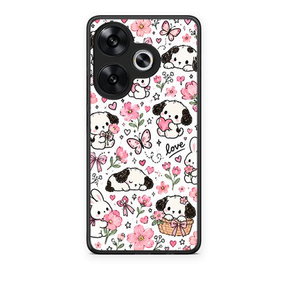 Θήκη Xiaomi Poco F6 Pink Florals Puppies and Bunnies on White από τη Smartfits με σχέδιο στο πίσω μέρος και μαύρο περίβλημα | Xiaomi Poco F6 Pink Florals Puppies and Bunnies on White case with colorful back and black bezels