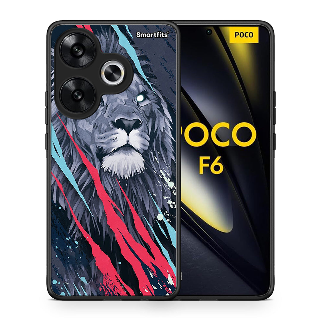 Θήκη Xiaomi Poco F6 Lion Designer PopArt από τη Smartfits με σχέδιο στο πίσω μέρος και μαύρο περίβλημα | Xiaomi Poco F6 Lion Designer PopArt case with colorful back and black bezels