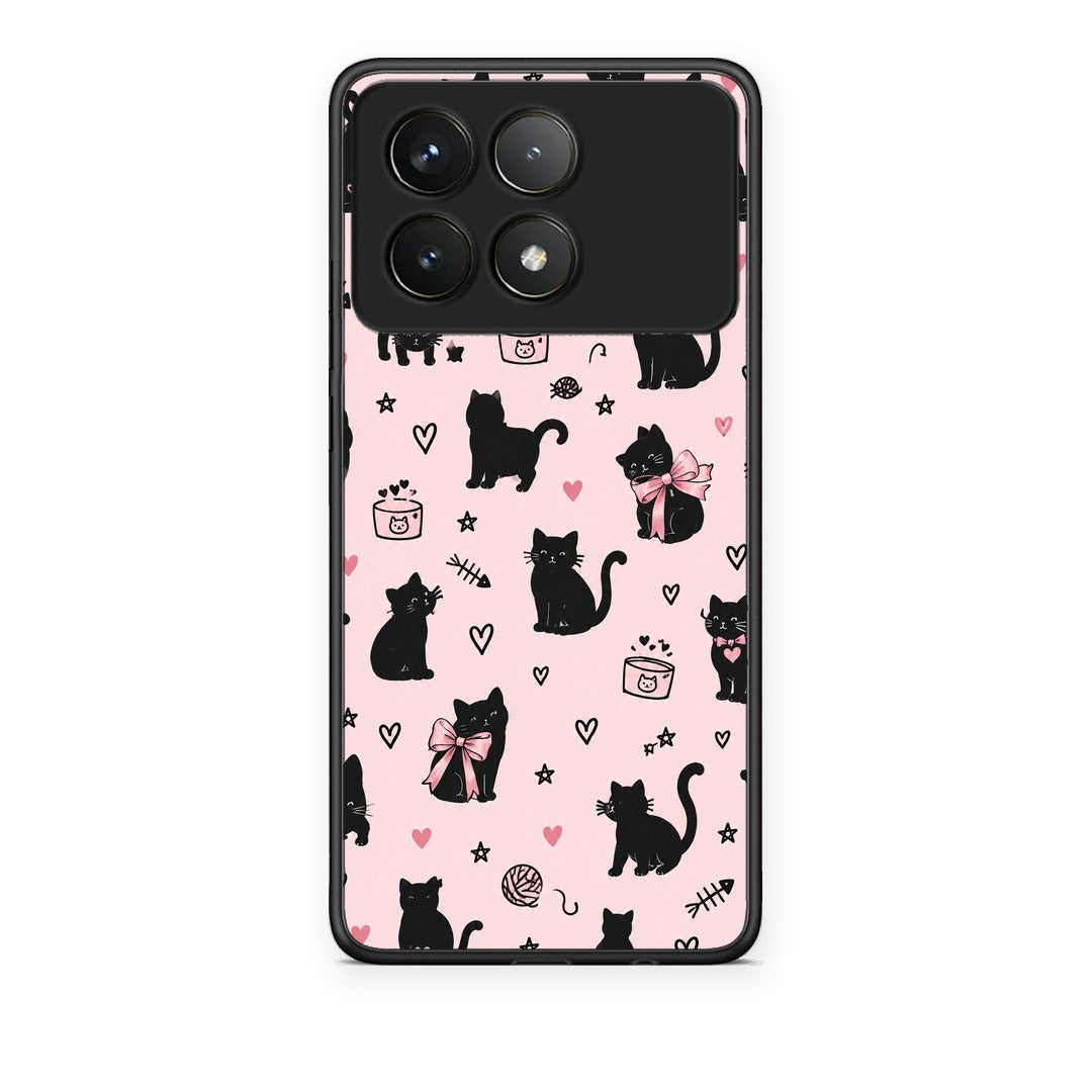 Θήκη Xiaomi Poco F6 Pro 5G Black Cat Doodles on Pink από τη Smartfits με σχέδιο στο πίσω μέρος και μαύρο περίβλημα | Xiaomi Poco F6 Pro 5G Black Cat Doodles on Pink case with colorful back and black bezels