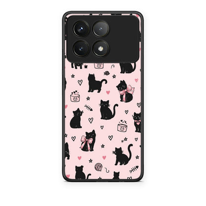 Θήκη Xiaomi Poco F6 Pro 5G Black Cat Doodles on Pink από τη Smartfits με σχέδιο στο πίσω μέρος και μαύρο περίβλημα | Xiaomi Poco F6 Pro 5G Black Cat Doodles on Pink case with colorful back and black bezels