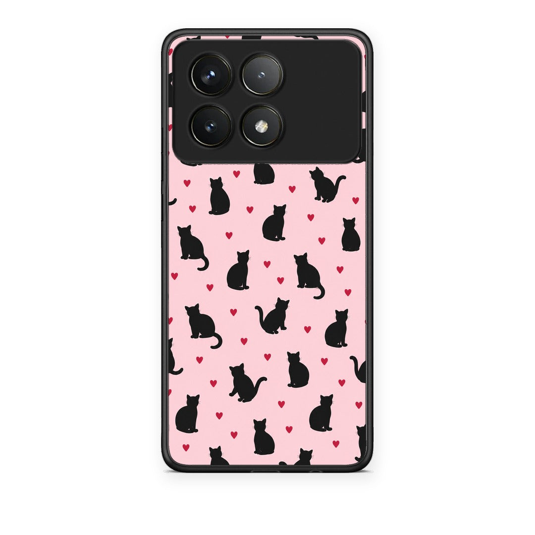 Θήκη Xiaomi Poco F6 Pro 5G Black Cat Silhouettes and Hearts on Pink από τη Smartfits με σχέδιο στο πίσω μέρος και μαύρο περίβλημα | Xiaomi Poco F6 Pro 5G Black Cat Silhouettes and Hearts on Pink case with colorful back and black bezels