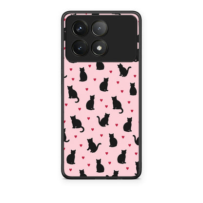 Θήκη Xiaomi Poco F6 Pro 5G Black Cat Silhouettes and Hearts on Pink από τη Smartfits με σχέδιο στο πίσω μέρος και μαύρο περίβλημα | Xiaomi Poco F6 Pro 5G Black Cat Silhouettes and Hearts on Pink case with colorful back and black bezels