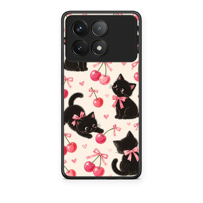 Θήκη Xiaomi Poco F6 Pro 5G Black Kittens and Cherries on Cream από τη Smartfits με σχέδιο στο πίσω μέρος και μαύρο περίβλημα | Xiaomi Poco F6 Pro 5G Black Kittens and Cherries on Cream case with colorful back and black bezels