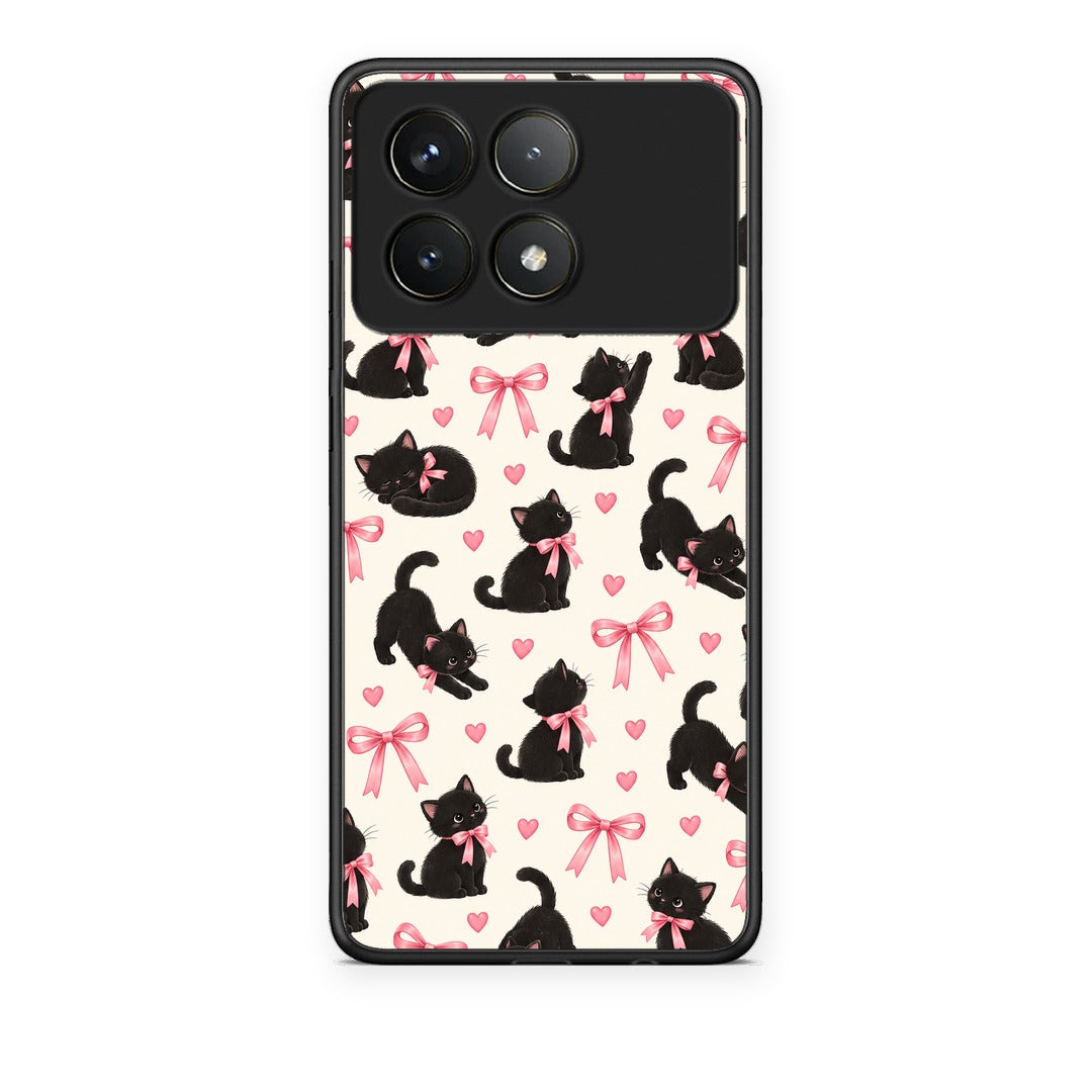 Θήκη Xiaomi Poco F6 Pro 5G Black Kittens and Pink Bows on Cream Small από τη Smartfits με σχέδιο στο πίσω μέρος και μαύρο περίβλημα | Xiaomi Poco F6 Pro 5G Black Kittens and Pink Bows on Cream Small case with colorful back and black bezels