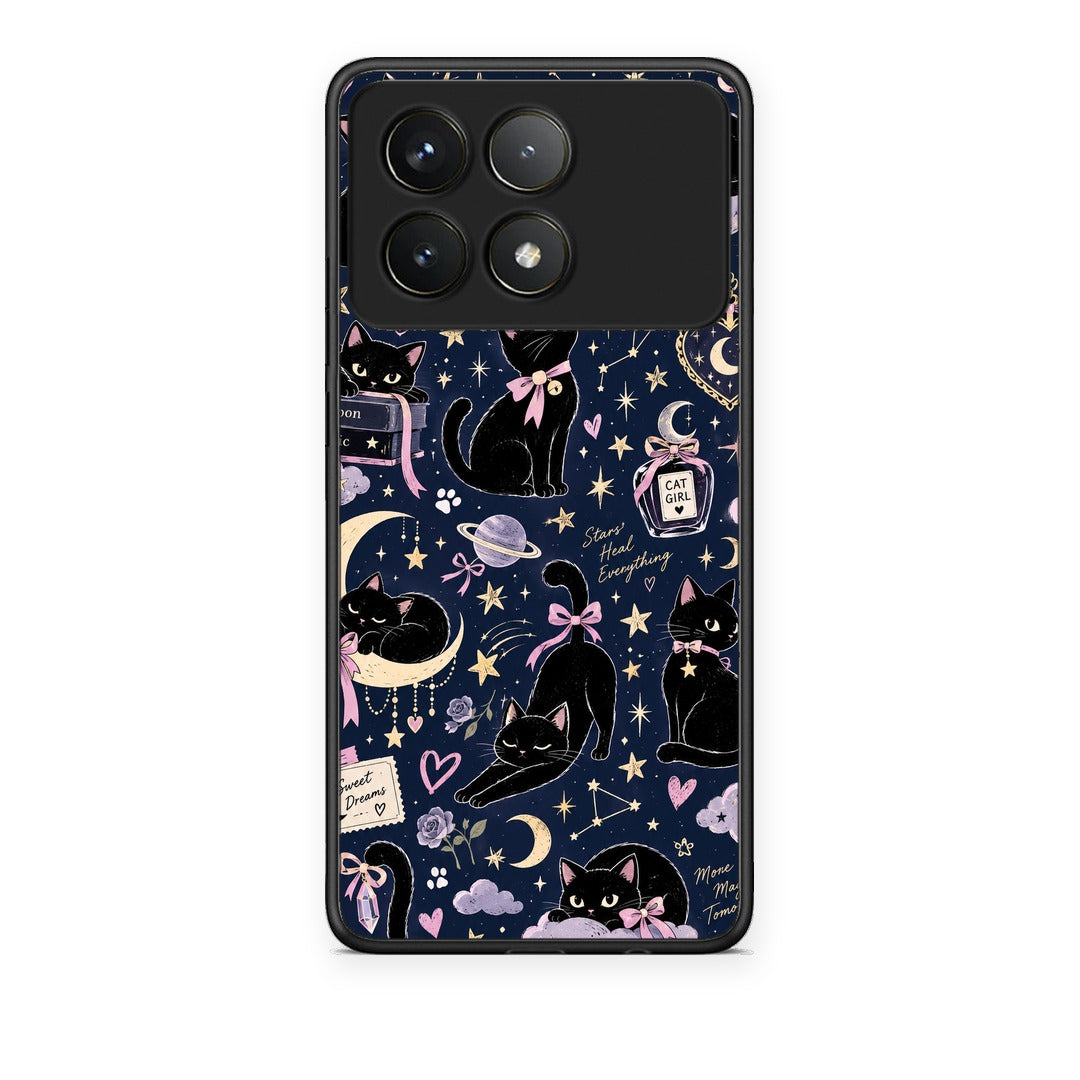 Θήκη Xiaomi Poco F6 Pro 5G Celestial Black Cats on Navy από τη Smartfits με σχέδιο στο πίσω μέρος και μαύρο περίβλημα | Xiaomi Poco F6 Pro 5G Celestial Black Cats on Navy case with colorful back and black bezels