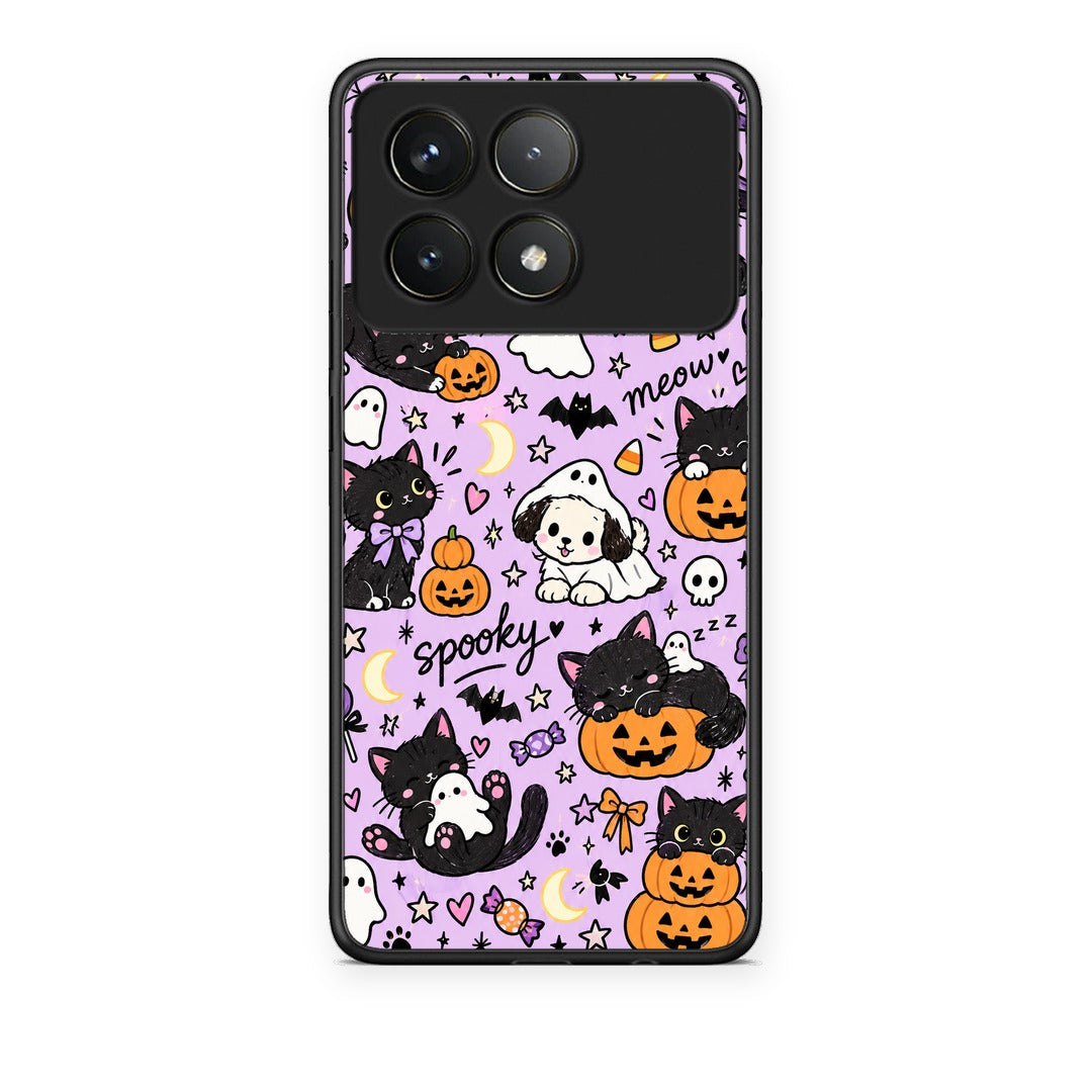 Θήκη Xiaomi Poco F6 Pro 5G Halloween Black Cats on Lilac από τη Smartfits με σχέδιο στο πίσω μέρος και μαύρο περίβλημα | Xiaomi Poco F6 Pro 5G Halloween Black Cats on Lilac case with colorful back and black bezels