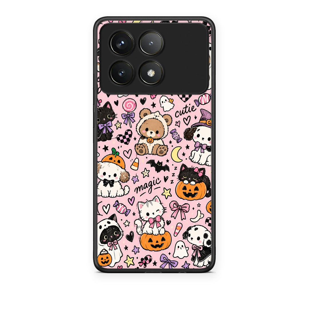 Θήκη Xiaomi Poco F6 Pro 5G Halloween Cute Animals on Pink από τη Smartfits με σχέδιο στο πίσω μέρος και μαύρο περίβλημα | Xiaomi Poco F6 Pro 5G Halloween Cute Animals on Pink case with colorful back and black bezels