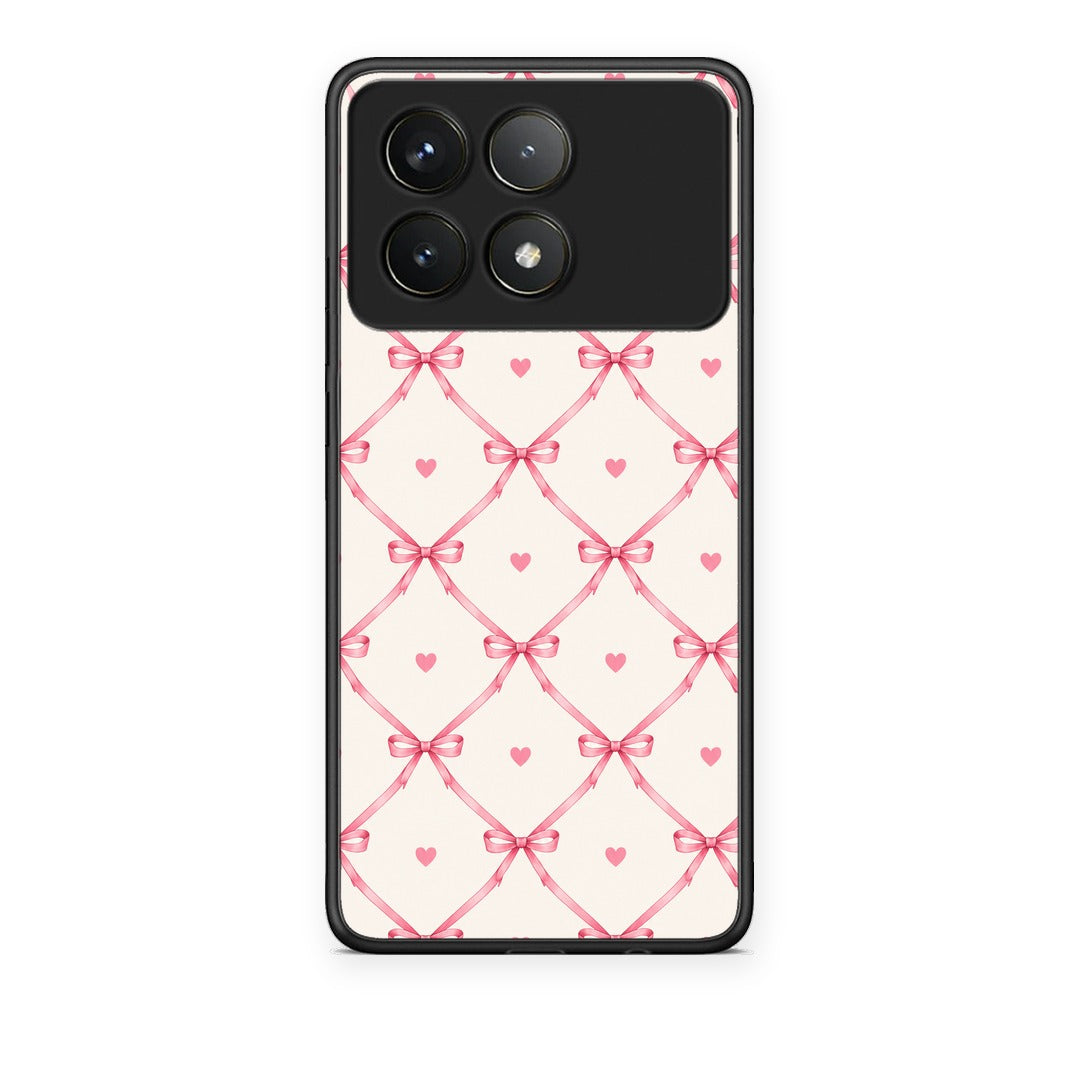 Θήκη Xiaomi Poco F6 Pro 5G Pink Bow Lattice and Hearts on Cream από τη Smartfits με σχέδιο στο πίσω μέρος και μαύρο περίβλημα | Xiaomi Poco F6 Pro 5G Pink Bow Lattice and Hearts on Cream case with colorful back and black bezels