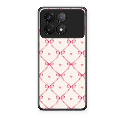 Θήκη Xiaomi Poco F6 Pro 5G Pink Bow Lattice and Hearts on Cream από τη Smartfits με σχέδιο στο πίσω μέρος και μαύρο περίβλημα | Xiaomi Poco F6 Pro 5G Pink Bow Lattice and Hearts on Cream case with colorful back and black bezels