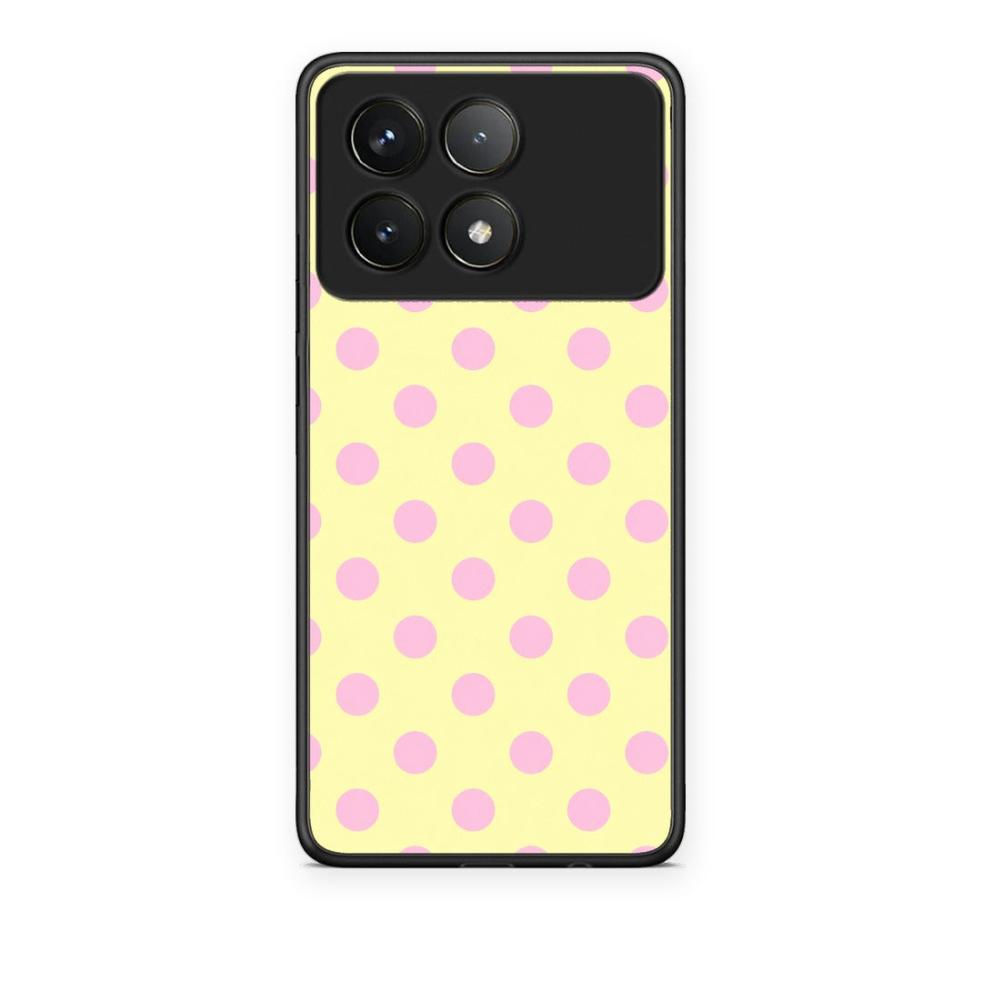 Θήκη Xiaomi Poco F6 Pro 5G Pink Polka Dots on Yellow από τη Smartfits με σχέδιο στο πίσω μέρος και μαύρο περίβλημα | Xiaomi Poco F6 Pro 5G Pink Polka Dots on Yellow case with colorful back and black bezels