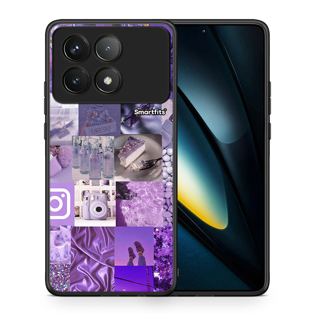 Θήκη Xiaomi Poco F6 Pro 5G Purple Aesthetic Collage από τη Smartfits με σχέδιο στο πίσω μέρος και μαύρο περίβλημα | Xiaomi Poco F6 Pro 5G Purple Aesthetic Collage case with colorful back and black bezels