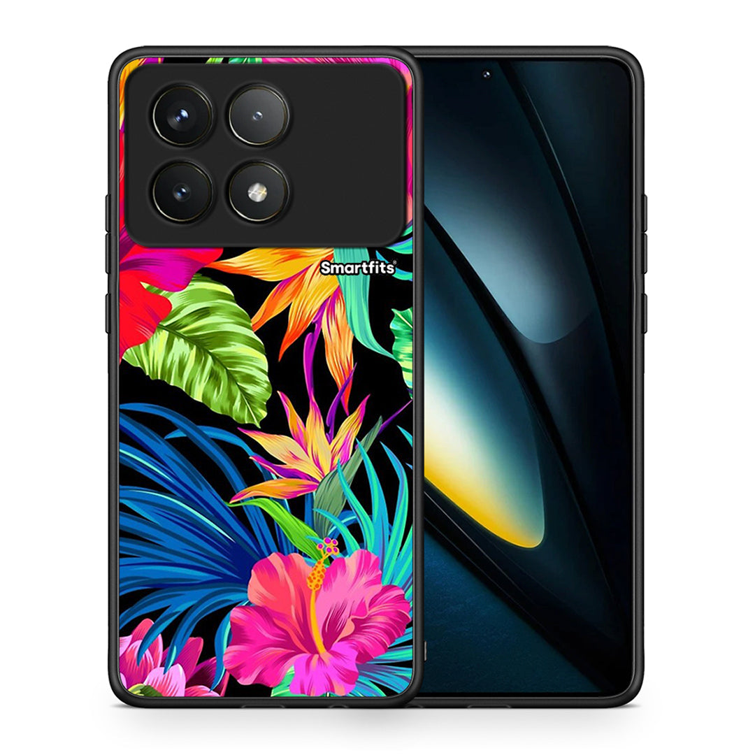 Θήκη Xiaomi Poco F6 Pro 5G Tropical Flowers από τη Smartfits με σχέδιο στο πίσω μέρος και μαύρο περίβλημα | Xiaomi Poco F6 Pro 5G Tropical Flowers case with colorful back and black bezels