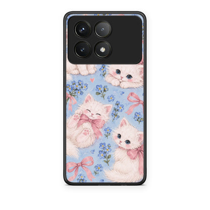 Θήκη Xiaomi Poco F6 Pro 5G White Kittens and Blue Flowers Large από τη Smartfits με σχέδιο στο πίσω μέρος και μαύρο περίβλημα | Xiaomi Poco F6 Pro 5G White Kittens and Blue Flowers Large case with colorful back and black bezels