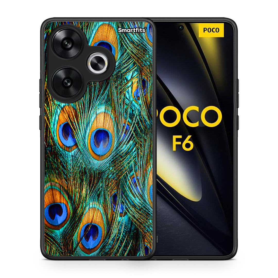 Θήκη Xiaomi Poco F6 Real Peacock Feathers από τη Smartfits με σχέδιο στο πίσω μέρος και μαύρο περίβλημα | Xiaomi Poco F6 Real Peacock Feathers case with colorful back and black bezels