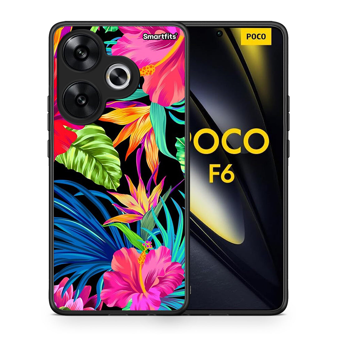 Θήκη Xiaomi Poco F6 Tropical Flowers από τη Smartfits με σχέδιο στο πίσω μέρος και μαύρο περίβλημα | Xiaomi Poco F6 Tropical Flowers case with colorful back and black bezels