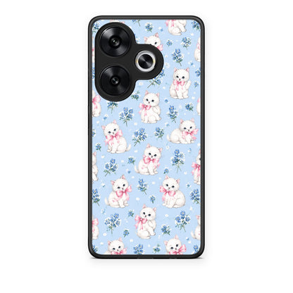 Θήκη Xiaomi Poco F6 White Kittens and Blue Flowers Small από τη Smartfits με σχέδιο στο πίσω μέρος και μαύρο περίβλημα | Xiaomi Poco F6 White Kittens and Blue Flowers Small case with colorful back and black bezels