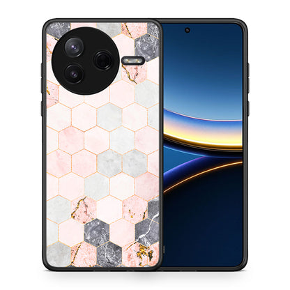 Θήκη Xiaomi Poco F7 Pro Hexagon Pink Marble από τη Smartfits με σχέδιο στο πίσω μέρος και μαύρο περίβλημα | Xiaomi Poco F7 Pro Hexagon Pink Marble case with colorful back and black bezels