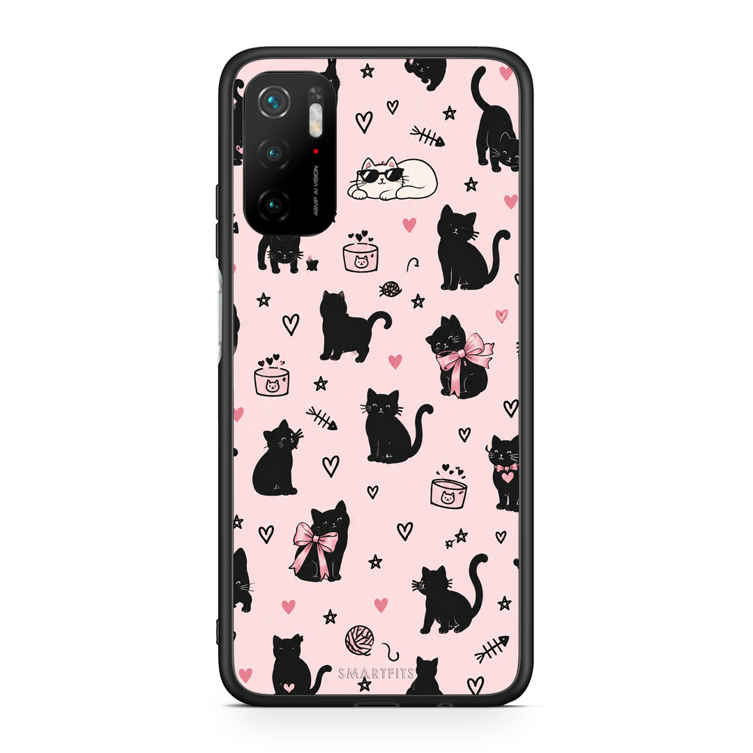 Θήκη Xiaomi Redmi Note 10 5G Black Cat Doodles on Pink από τη Smartfits με σχέδιο στο πίσω μέρος και μαύρο περίβλημα | Xiaomi Redmi Note 10 5G Black Cat Doodles on Pink case with colorful back and black bezels