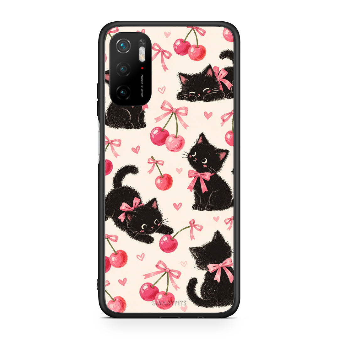 Θήκη Xiaomi Redmi Note 10 5G Black Kittens and Cherries on Cream από τη Smartfits με σχέδιο στο πίσω μέρος και μαύρο περίβλημα | Xiaomi Redmi Note 10 5G Black Kittens and Cherries on Cream case with colorful back and black bezels