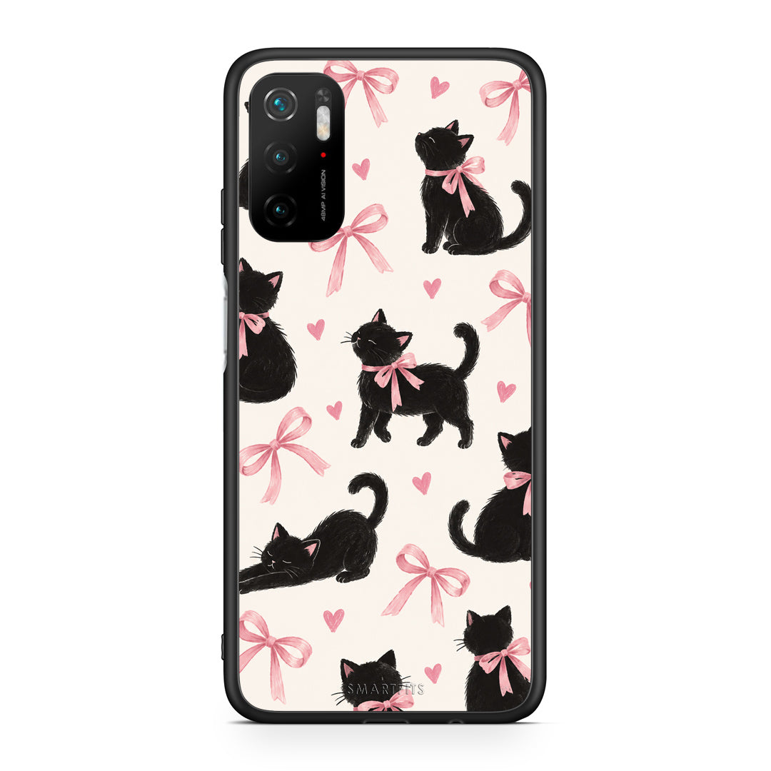 Θήκη Xiaomi Redmi Note 10 5G Black Kittens and Pink Bows on Cream Large από τη Smartfits με σχέδιο στο πίσω μέρος και μαύρο περίβλημα | Xiaomi Redmi Note 10 5G Black Kittens and Pink Bows on Cream Large case with colorful back and black bezels