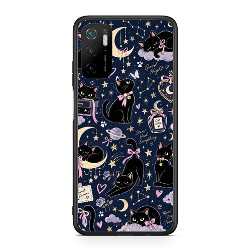 Θήκη Xiaomi Redmi Note 10 5G Celestial Black Cats on Navy από τη Smartfits με σχέδιο στο πίσω μέρος και μαύρο περίβλημα | Xiaomi Redmi Note 10 5G Celestial Black Cats on Navy case with colorful back and black bezels