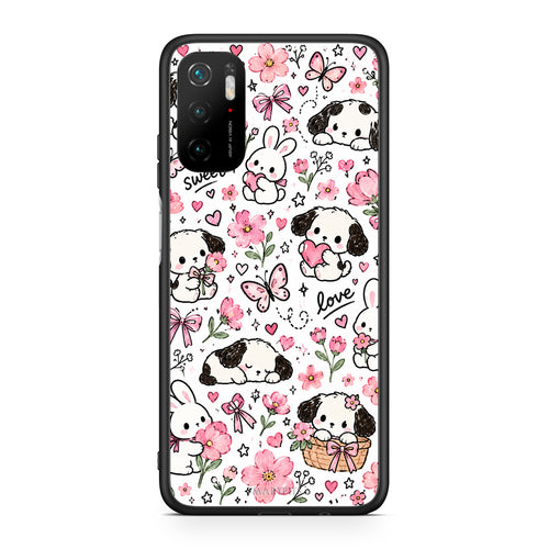 Θήκη Xiaomi Redmi Note 10 5G Pink Florals Puppies and Bunnies on White από τη Smartfits με σχέδιο στο πίσω μέρος και μαύρο περίβλημα | Xiaomi Redmi Note 10 5G Pink Florals Puppies and Bunnies on White case with colorful back and black bezels