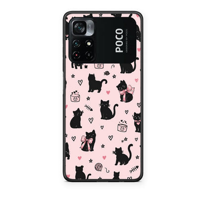 Θήκη Xiaomi Poco M4 Pro 4G Black Cat Doodles on Pink από τη Smartfits με σχέδιο στο πίσω μέρος και μαύρο περίβλημα | Xiaomi Poco M4 Pro 4G Black Cat Doodles on Pink case with colorful back and black bezels