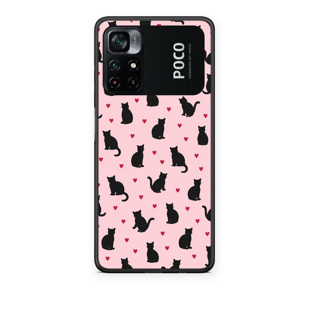 Θήκη Xiaomi Poco M4 Pro 4G Black Cat Silhouettes and Hearts on Pink από τη Smartfits με σχέδιο στο πίσω μέρος και μαύρο περίβλημα | Xiaomi Poco M4 Pro 4G Black Cat Silhouettes and Hearts on Pink case with colorful back and black bezels
