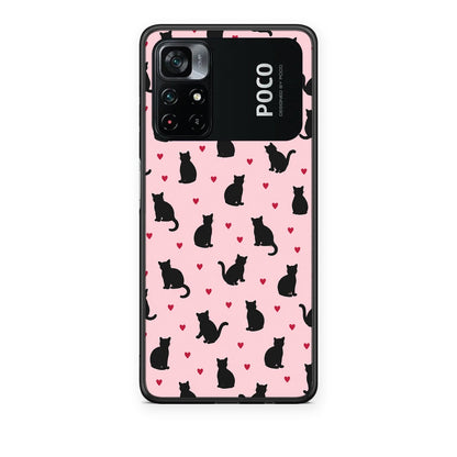 Θήκη Xiaomi Poco M4 Pro 4G Black Cat Silhouettes and Hearts on Pink από τη Smartfits με σχέδιο στο πίσω μέρος και μαύρο περίβλημα | Xiaomi Poco M4 Pro 4G Black Cat Silhouettes and Hearts on Pink case with colorful back and black bezels