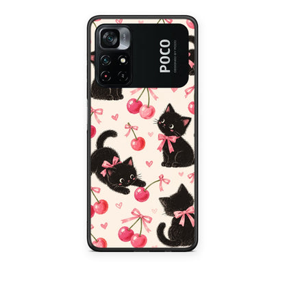 Θήκη Xiaomi Poco M4 Pro 4G Black Kittens and Cherries on Cream από τη Smartfits με σχέδιο στο πίσω μέρος και μαύρο περίβλημα | Xiaomi Poco M4 Pro 4G Black Kittens and Cherries on Cream case with colorful back and black bezels