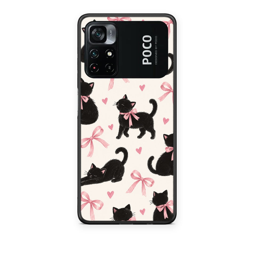 Θήκη Xiaomi Poco M4 Pro 4G Black Kittens and Pink Bows on Cream Large από τη Smartfits με σχέδιο στο πίσω μέρος και μαύρο περίβλημα | Xiaomi Poco M4 Pro 4G Black Kittens and Pink Bows on Cream Large case with colorful back and black bezels