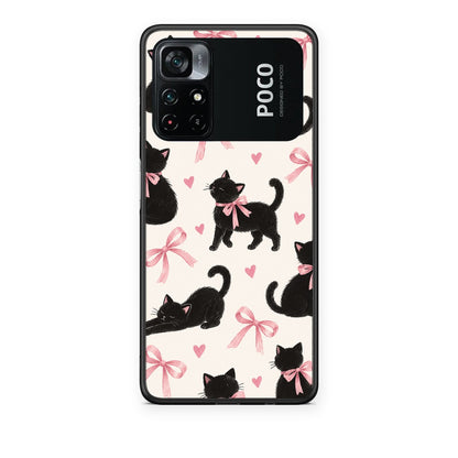Θήκη Xiaomi Poco M4 Pro 4G Black Kittens and Pink Bows on Cream Large από τη Smartfits με σχέδιο στο πίσω μέρος και μαύρο περίβλημα | Xiaomi Poco M4 Pro 4G Black Kittens and Pink Bows on Cream Large case with colorful back and black bezels