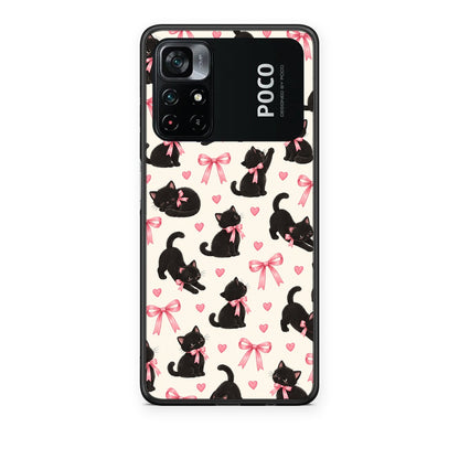 Θήκη Xiaomi Poco M4 Pro 4G Black Kittens and Pink Bows on Cream Small από τη Smartfits με σχέδιο στο πίσω μέρος και μαύρο περίβλημα | Xiaomi Poco M4 Pro 4G Black Kittens and Pink Bows on Cream Small case with colorful back and black bezels
