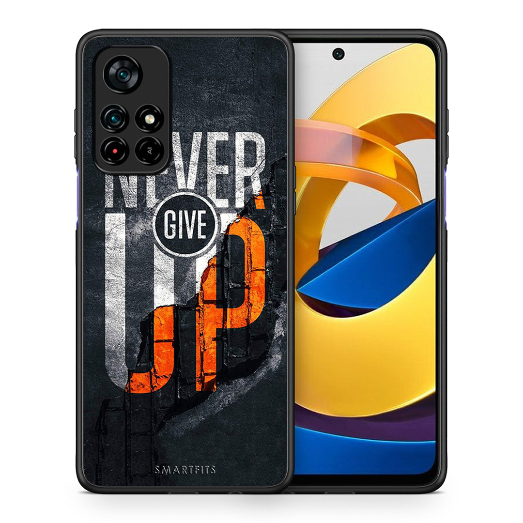 Θήκη Αγίου Βαλεντίνου Xiaomi Poco M4 Pro 5G Never Give Up από τη Smartfits με σχέδιο στο πίσω μέρος και μαύρο περίβλημα | Xiaomi Poco M4 Pro 5G Never Give Up case with colorful back and black bezels