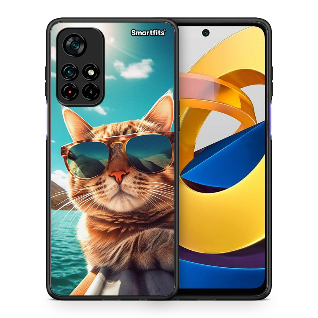 Θήκη Xiaomi Poco M4 Pro 5G Summer Cat από τη Smartfits με σχέδιο στο πίσω μέρος και μαύρο περίβλημα | Xiaomi Poco M4 Pro 5G Summer Cat case with colorful back and black bezels