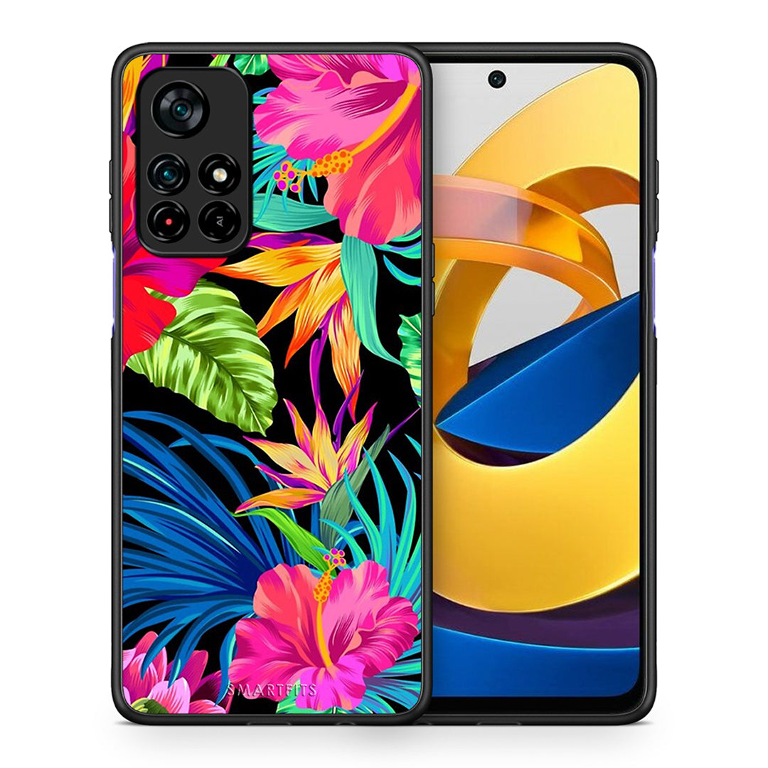 Θήκη Xiaomi Poco M4 Pro 5G Tropical Flowers από τη Smartfits με σχέδιο στο πίσω μέρος και μαύρο περίβλημα | Xiaomi Poco M4 Pro 5G Tropical Flowers case with colorful back and black bezels