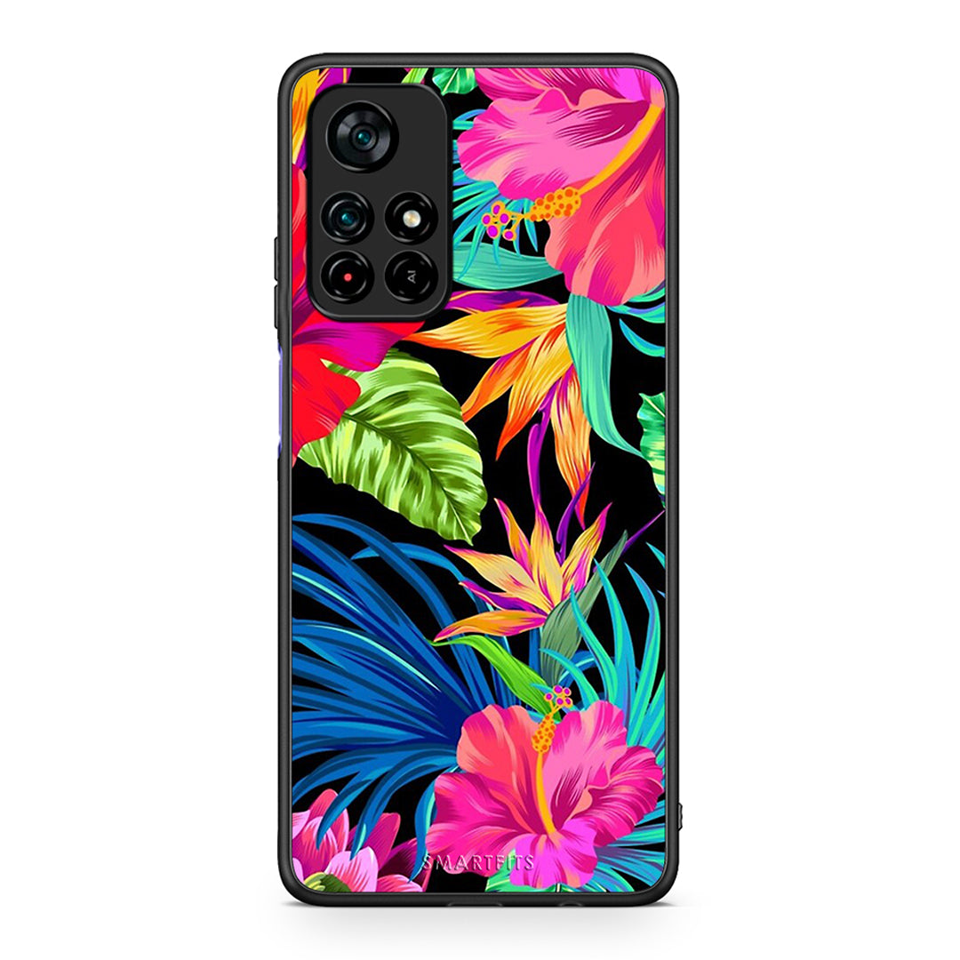 Xiaomi Poco M4 Pro 5G Tropical Flowers θήκη από τη Smartfits με σχέδιο στο πίσω μέρος και μαύρο περίβλημα | Smartphone case with colorful back and black bezels by Smartfits