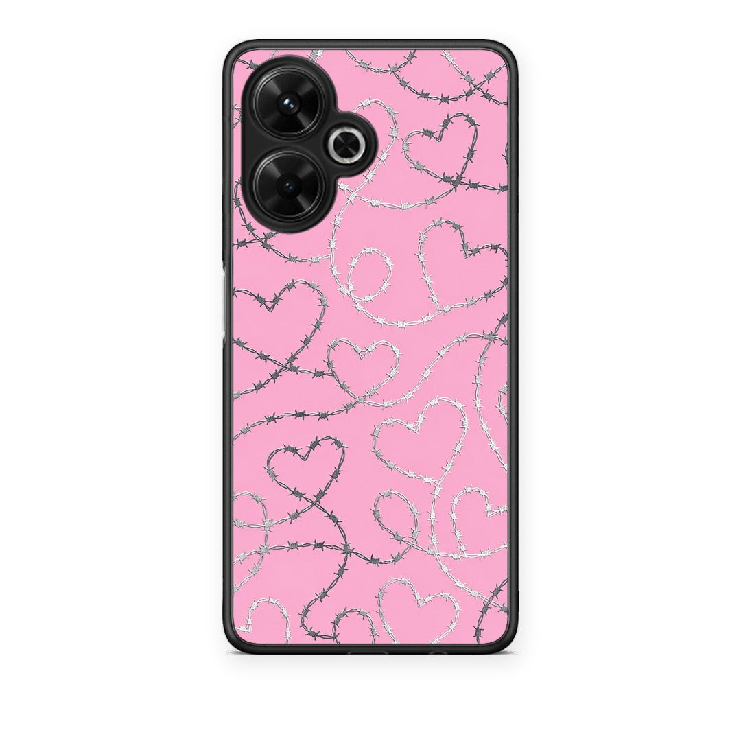 Θήκη Xiaomi Poco M6 4G Barbed Wire Hearts on Pink από τη Smartfits με σχέδιο στο πίσω μέρος και μαύρο περίβλημα | Xiaomi Poco M6 4G Barbed Wire Hearts on Pink case with colorful back and black bezels