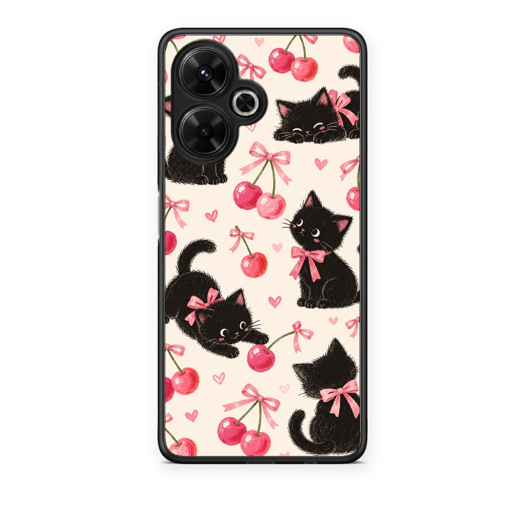Θήκη Xiaomi Poco M6 4G Black Kittens and Cherries on Cream από τη Smartfits με σχέδιο στο πίσω μέρος και μαύρο περίβλημα | Xiaomi Poco M6 4G Black Kittens and Cherries on Cream case with colorful back and black bezels