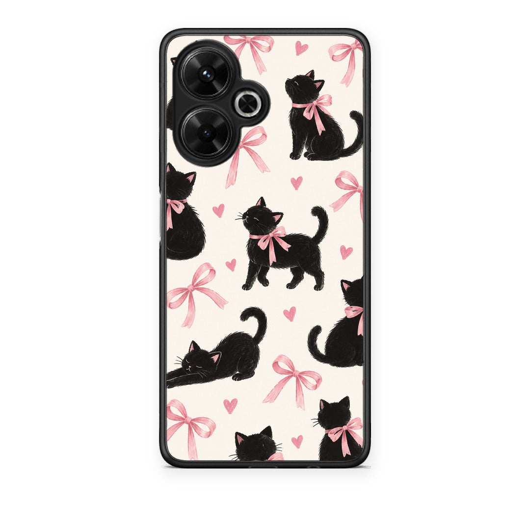 Θήκη Xiaomi Poco M6 4G Black Kittens and Pink Bows on Cream Large από τη Smartfits με σχέδιο στο πίσω μέρος και μαύρο περίβλημα | Xiaomi Poco M6 4G Black Kittens and Pink Bows on Cream Large case with colorful back and black bezels